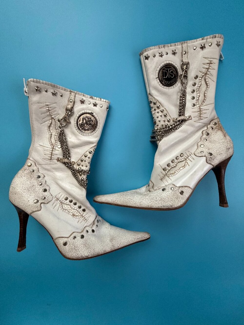 El Dantes White Leather Studded Chain Stiletto Boots EU 40 Made in Spain Y2K